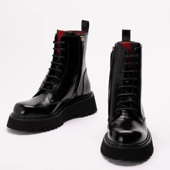 GUCCI web stripe lace up combat boots lace up boots lug boots - Picture 3 of 7